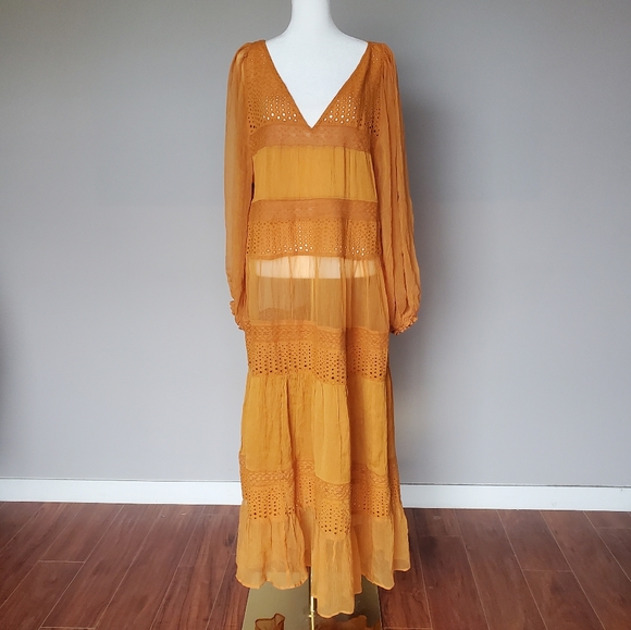 Sundance Adore Moi Dress Boho Lagenlook Maxi Mixed-Media Eyelet in Honey Size L - Picture 2 of 8